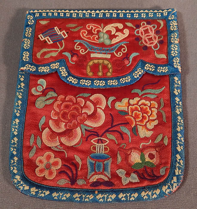 Antique Chinese Cinnabar Silk Forbidden Stitch Embroidery Pouch Purse Small Bag
This antique Chinese cinnabar silk forbidden stitch embroidery pouch purse small bag dates from the late 19th century during the Qing Dynasty. It is hand stitched, made of a cinnabar color silk fabric, with colorful forbidden stitch tiny seed stitch hand embroidery work of peony flowers, butterflies and precious objects.