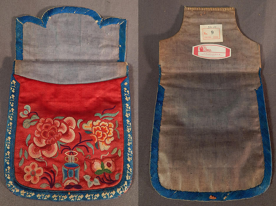 Antique Chinese Cinnabar Silk Forbidden Stitch Embroidery Pouch Purse Small Bag
These pouches also called pockets were meant to hold small things such as coins or seals since there were no pockets on the clothing. 