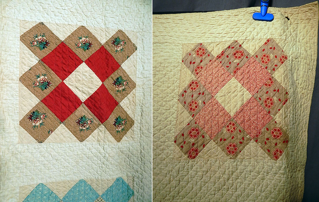 Victorian Antique Chintz Calico Cotton Fabric 12 Patch Square Block Quilt
It is in fair as-is condition, has not been cleaned and came straight out of a trunk. There are several small stains scattered about and a larger water spot stain in the upper corner, two small holes in each corner where it was perhaps hung and also a few deteriorated frayed fabric square pieces (see close-ups). This is truly a superb piece of antique textile quilting folk art! 